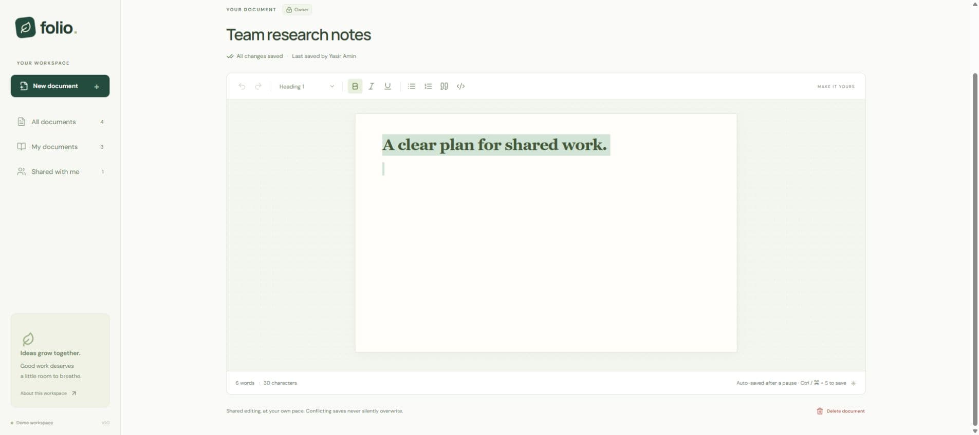 Screenshot 1 for Folio - Collaborative Document Workspace